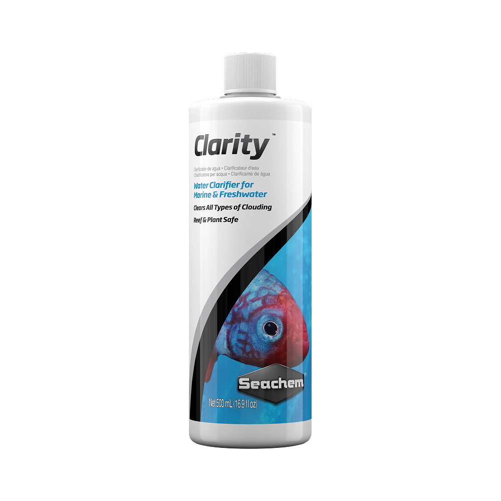 Seachem Clarity 500mL — High-Efficiency Water Clarifier for Freshwater and Marine Aquariums, eliminates cloudy water caused by bacterial blooms, substrate dust, etc — SKU: 724961-143 — Main Image — Product Specifications & Highlights Key Features Advanced Flocculating Action: Aggregates microscopic suspended solids for mechanical filter extraction. Plant & Coral Safe: Formulated to be non-toxic to delicate aquatic vegetation, reef invertebrates, and nitrifying biofilters. pH Neutral: Clears water without altering total alkalinity, pH, or mineral composition. High-Yield Economy: 500mL bottle treats up to 8,000 Liters of aquarium water. Product Details Brand: Seachem SKU: 724961-143 (Internal ID: 130708) Barcode (GTIN/UPC): 000116014304 Product Type: Aquarium Additives & Supplements / Water Clarifiers Package Dimensions: 70 mm (L) × 70 mm (W) × 190 mm (H) Gross Package Weight: 560 g Net Volume: 500 mL Target Environment: Freshwater & Marine Aquariums Dosage Rate: 5 mL per 80 L (20 US gallons)