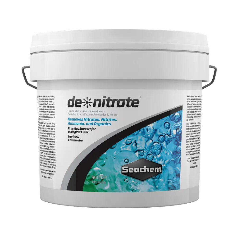 Seachem De*nitrate 4L — High-capacity porous mineral Media with dense bacterial colonies for biological nitrate elimination in freshwater and saltwater aquariums — SKU: 724958-139 — Main Image — Product Specifications & Highlights Key Features Porous Mineral Matrix: High internal surface area supports millions of nitrifying and denitrifying microbes. Biological Nitrogen Cycle Completion: Converts nitrate (NO₃⁻) directly into free nitrogen gas. Non-Exhausting Media: Physical stone structure provides permanent bio-housing without requiring chemical regeneration. Water Parameter Safe: Chemically inert substrate will not alter pH, hardness, or alkalinity levels. Product Details Brand: Seachem SKU: 724958-139 (Internal ID: 130704) Barcode (GTIN/UPC): 000116013901 Product Type: Aquarium Filter Media / Biological Nitrate Control Package Dimensions: 160 mm (L) × 160 mm (W) × 310 mm (H) Gross Package Weight: 2,800 g Net Volume: 4,000 mL (4 Litres) Target Environment: Low-Flow Freshwater & Marine Filtration Filtration Capacity: Treats up to 1,600 Litres (400 US gallons) at low flow rates (