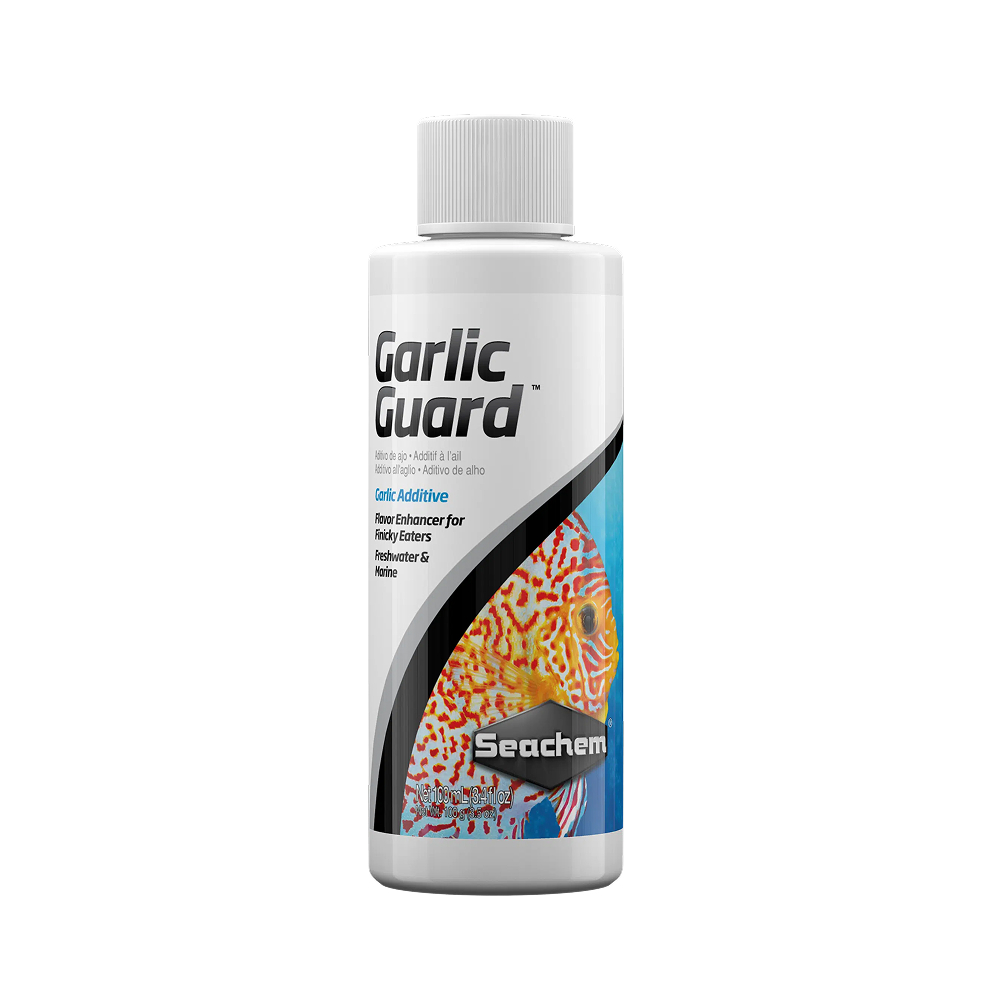 Seachem Garlicguard 100mL — Garlic Extract Liquid Supplement Additive For Freshwater & Marine Aquariums, Improves Health & Natural Appetite of Fish — SKU: 724967-175 — Main Image — Product Specifications & Highlights Key Features Natural Feeding Stimulant: Concentrated garlic scent and flavour drive appetite in selective fish. Enriched with Vitamin C: Fortified with active Vitamin C to support tissue repair and immune health. Reef & Plant Safe: Contains no artificial additives, chemicals, or oils that coat water surfaces. Versatile Application: Compatible with dry foods, frozen mysis, live foods, and medicated food mixes. Product Details Brand: Seachem SKU: 724967-175 (Internal ID: 130713) Barcode (GTIN/UPC): 000116017503 Product Type: Aquarium Food & Health Supplements / Appetite Enhancers Package Dimensions: 45 mm (L) × 45 mm (W) × 110 mm (H) Gross Package Weight: 130 g Net Volume: 100 mL Target Environment: Freshwater & Marine Aquariums Target Species: All Freshwater & Saltwater Fish