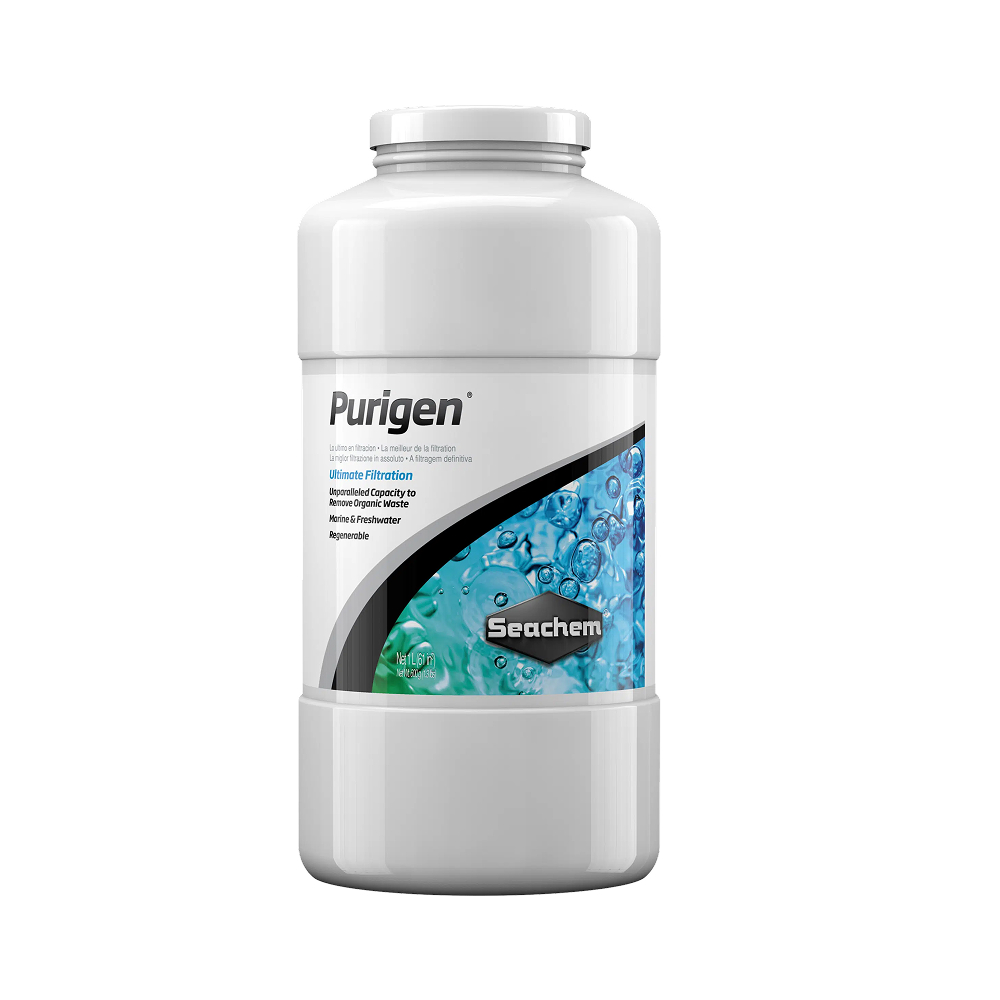 Seachem Purigen 1L — Bulk synthetic polymer resin bottle for superior organic waste filtration in large display aquariums & commercial fish facilities — SKU: 724965-167 — Main Image — Product Specifications & Highlights Key Features Exceptional Organic Capacity: Removes dissolved proteins, nitrogenous waste, and organic dyes efficiently. Trace-Element Neutral: Will not strip essential trace minerals, iron, or plant fertilisers. Rechargeable Chemistry: Easily regenerated with household bleach, eliminating frequent media replacement costs. Visual Saturation Cue: Gradual colour shift from beige to brown indicates the exact time to regenerate. Product Details Brand: Seachem SKU: 724965-167 (Internal ID: 130711) Barcode (GTIN/UPC): 000116016704 Product Type: Aquarium Filter Media / Synthetic Organic Adsorbent Package Dimensions: 95 mm (L) × 95 mm (W) × 210 mm (H) Gross Package Weight: 850 g Net Volume: 1,000 mL (1 Litre) Target Environment: Large Freshwater & Marine Systems Treatment Capacity: 1 L treats up to 4,000 Litres (1,000 US gallons) for up to 6 months