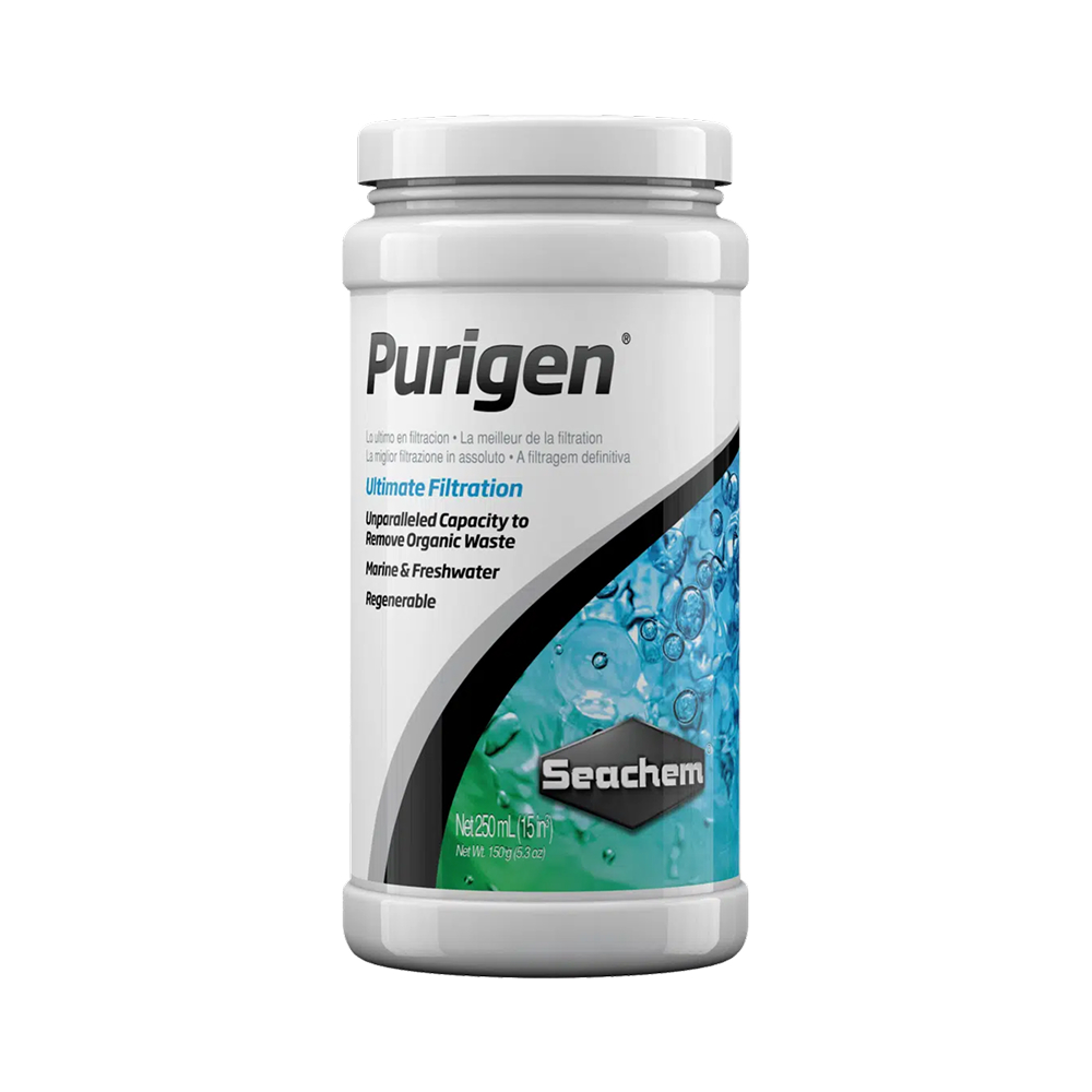 Seachem Purigen 250mL — Macro-porous synthetic adsorbent polymer resin for keeping crystal-clear water in aquariums and fish tanks — SKU: 724963-166 — Main Image Seachem Purigen 250mL — Macro-porous synthetic adsorbent polymer resin for keeping crystal-clear water in aquariums and fish tanks — SKU: 724963-166 — Main Image — Product Specifications & Highlights Key Features Selective Organic Adsorption: Targets dissolved nitrogenous organic waste while ignoring essential plant nutrients and minerals. 500% Greater Capacity: Outperforms traditional activated carbon media in organic removal capacity. Visual Exhaustion Indicator: Spherical resin beads turn dark brown/black when fully saturated. Regenerable Resin: Reusable multiple times via simple bleach oxidation treatment. Product Details Brand: Seachem SKU: 724963-166 (Internal ID: 130709) Barcode (GTIN/UPC): 000116016605 Product Type: Aquarium Filter Media / Synthetic Organic Adsorbent Package Dimensions: 60 mm (L) × 60 mm (W) × 125 mm (H) Gross Package Weight: 230 g Net Volume: 250 mL Target Environment: Freshwater & Marine Aquariums Treatment Capacity: 250 mL treats up to 1,000 Liters (250 US gallons) for up to 6 months