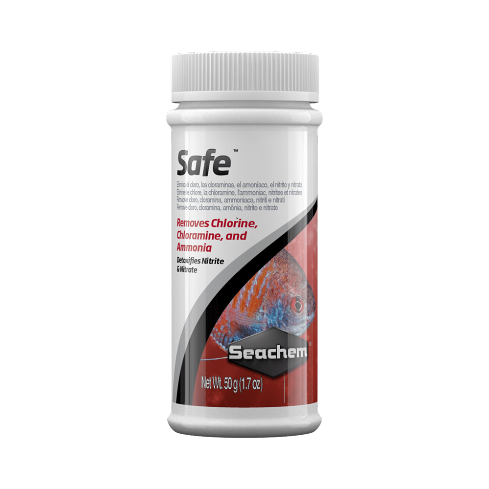 Seachem Safe 50g — Concentrated Dry Water Conditioner for Nano & Small Aquariums in Both Fresh and Saltwater Environments — SKU: 725016-384 — Main Image — Product Specifications & Highlights Key Features Ultra-Concentrated Powder: Super-concentrated dry formula offers high treatment capacity in a small bottle. Complete Neutralisation: Removes chlorine, chloramines, and detoxifies ammonia, nitrite, and nitrate. pH Neutral & Safe: Will not shift pH levels or impact biological filter bed health. Fresh & Marine Compatible: Suitable for freshwater, reef, and marine systems. Product Details Brand: Seachem SKU: 725016-384 (Internal ID: 130762) Barcode (GTIN/UPC): 000116038409 Product Type: Aquarium Additives & Supplements > Water Conditioners Package Dimensions: 45 mm (L) × 45 mm (W) × 95 mm (H) Gross Package Weight: 70 g Net Weight: 50 g Target Environment: Fresh & Saltwater Aquariums Treatment Capacity: 50 g treats up to 50,000 Liters (12,500 US gallons)