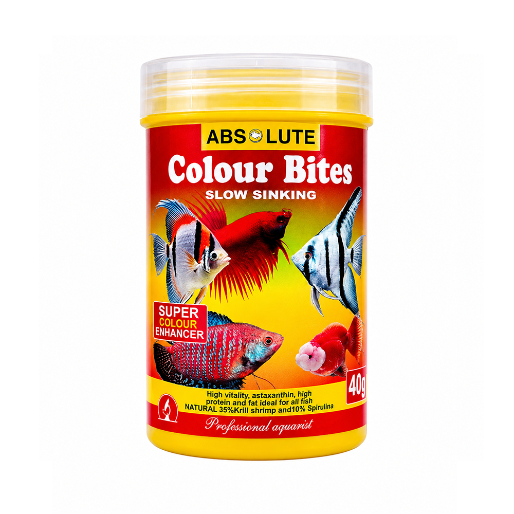 Absolute Colour Bites (Red Micro Worms) 40g - High-protein fish food - SKU: CBW040 - - Main Image - Product Specifications & Highlights Key Features Natural Colour Enhancer: Packed with premium carotenoids to boost natural body colour. Micro-Worm Pellet Profile: Sinking shape captures fish attention faster than standard flakes. Highly Digestible: Minimises organic fish waste to maintain cleaner aquarium water. Compact 40g Pack: Freshness-sealed tub ideal for small fish collections. Product Details Brand: Absolute SKU: CBW040 Barcode (GTIN/UPC): 9334141000126 Product Type: Food / Colour Enhancing Granules Net Weight: 40 g Package Dimensions: 90 mm (L) × 55 mm (W) × 55 mm (H) Gross Package Weight: 70 g Target Environment: Freshwater Tropical Aquariums