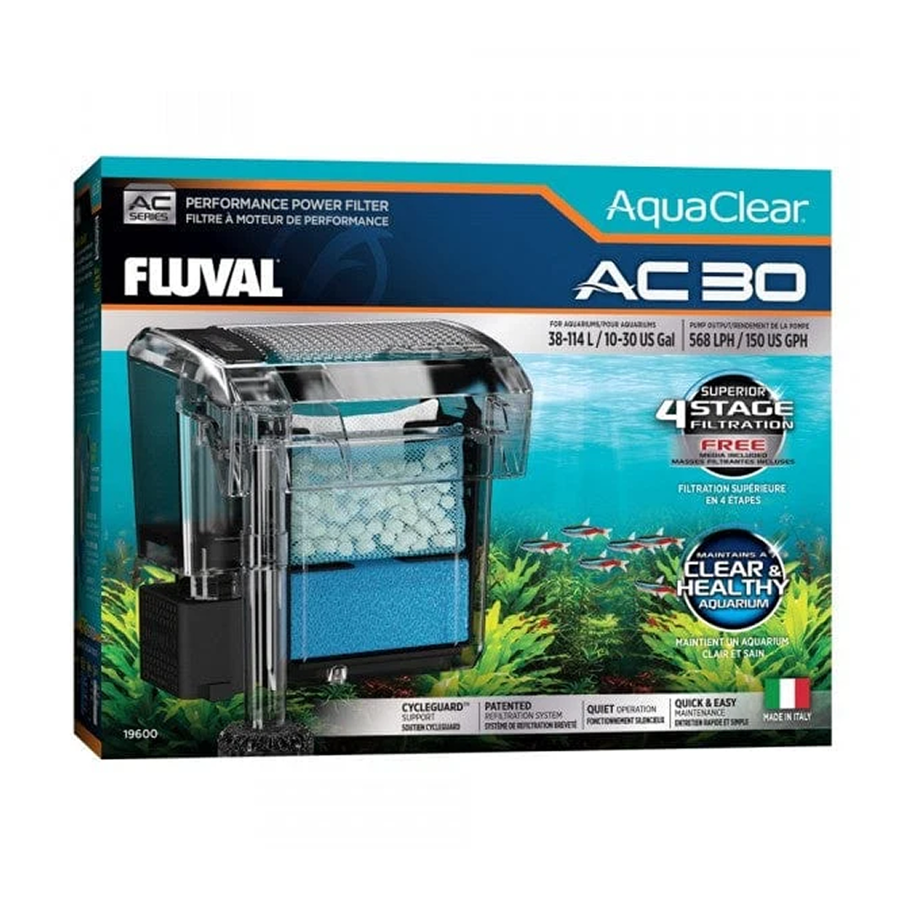 Fluval AquaClear Hang-On Power Filter AC30 (545 LPH) — multi-stage filtration for aquariums up to 114 litres (30 US gallons) — SKU: FAQ02 — Main Image — Product Specifications & Highlights Key Features Maximised Media Volume: Has a wide media selection; basket design accommodates significantly more filter media than standard cartridge filters. Multi-Stage Filtration Included: Comes complete with AquaClear Foam, Activated Carbon, and BioMax rings. Mechanical Media has Intake Sponge and Bio-foam. Chemical Media has Carbon, Zeo-Carb, Ammonia Remover and Clear-Carb. Biological Media has BioMax ring. Quieter Operation & Adjustable Flow Control: Reduce flow speed during feeding times or for low-current species. Its precision motor design (AC20/AC30/AC50/AC70 models) smooths rotations with minimal vibration. It has a sound-dampening cover that minimises the echo chamber effect, thus operating quietly. Smarter Design & Waterfall Return: Prevents water spills by gently oxygenating surface water while returning purified water. Filter-To-Tank Stepped Interface (AC20/AC30/AC50/AC70 models). Self-levelling in most cases for convenient installation CycleGuard: CycleGuard maintains your aquarium's biological balance and prevents nitrogen cycle disruptions. By allowing 1 of the 3 media inserts to be changed at a time, bacteria levels remain stable, supporting continuous and effective biological filtration without harmful fluctuations. Product Details Brand: Fluval SKU: FAQ02 Barcode (GTIN/UPC): 0015561196000 Product Type: Filters / Hang-On-Back Power Filters Flow Rate Capacity: 545 litres per hour (Lph) or 150 GPH Package Dimensions: 210 mm (L) × 180 mm (W) × 120 mm (H) Gross Package Weight: 800 g Target Environment: Freshwater & Marine Aquariums (38 L to 114 L)