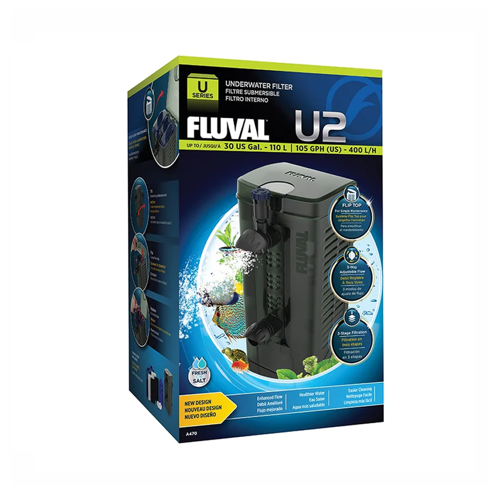 Fluval U2 Internal Filter — 3-Stage underwater power filter for aquariums up to 110 litres — SKU: PF132 — Main Image — Product Specifications & Highlights Key Features 3-Stage Multi-Media Filtration: Combines mechanical foam, poly/carbon chemical pad, and biological BioMax media. 3-Way Flow Diverter: Choose top output, integrated spray bar, or deep-water bottom output for tailored flow. Adjustable 3-way flow control: Top output for circulation and oxygenation, integrated spray bar for a gentle, even flow, and bottom output for deep-water agitation Top-Opening Flip Lid: Provides quick, clean access to media cartridges without detaching the filter frame.  Versatile Positioning: Convenient flip-top lid allows for quick and easy access to the filter cartridge for maintenance or replacement. Mounts vertically on glass walls or horizontally in shallow reptile/amphibian tanks. Product Details Brand: Fluval SKU: PF132 Barcode (GTIN/UPC): 0015561104708 Product Type: Filters / Internal Submersible Filters Package Dimensions: 130 mm (L) × 218 mm (W) × 95 mm (H) Gross Package Weight: 775 g Target Environment: Freshwater Aquariums, Marine Tanks, reptile environments & Shallow Terrariums (Up to  110 L / 30 US Gal)