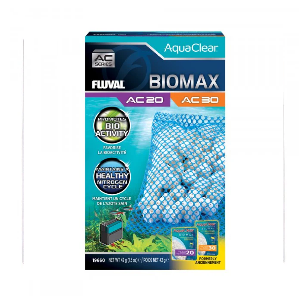 Fluval AquaClear 20/30 BioMax Insert 42g — Biological filter media for AquaClear 20 & 30 Power Filters — SKU: FAQ15 — Main Image Fluval AquaClear 20/30 BioMax Insert 42g — Biological filter media for AquaClear 20 & 30 Power Filters — SKU: FAQ15 — Main Image — Product Specifications & Highlights Key Features Porous Ceramic Structure: Premium biological filter media that provides maximum micro-surface area for beneficial nitrifying bacteria. Complex pore system provides large surface area for thriving beneficial bacterial growth. Ammonia & Nitrite Control: Reduces bio-waste buildup by promoting rapid biological conversion. Filter Mesh Bag Included: Pre-packed media bag fits neatly into AquaClear filter media baskets. Permits even water distribution, prolonging contact time for added biological filtration Safe for All Water Types: Does not alter pH or chemical parameters in fresh or saltwater tanks. Product Details Brand: Fluval / AquaClear SKU: FAQ15 Barcode (GTIN/UPC): 0015561196604 Product Type: Filter Media / Biological Media Package Dimensions: 60 mm (L) × 45 mm (W) × 120 mm (H) Gross Package Weight: 60 g Target Environment: Freshwater & Saltwater Aquariums Compatibility: Power Filters Models - Fluval AC20, Fluval AC30, Aquaclear 30, and Aquaclear 30 Power Filters