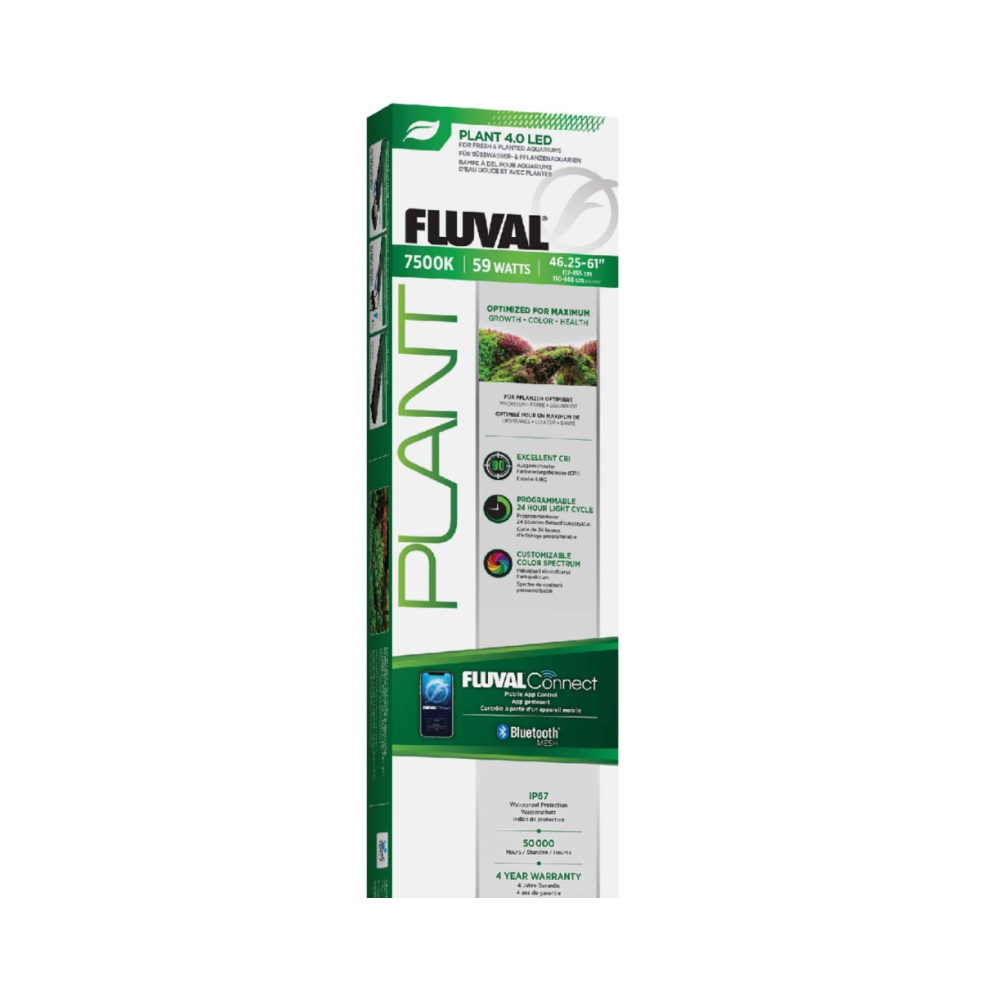 Fluval Plant Spectrum 4.0 LED Light 59W (110.5 - 148.1cm) — High-output light bar for large aquariums supporting lush plant growth in deep tanks — SKU: FLED83 — Main Image Fluval Plant Spectrum 4.0 LED Light 59W (110.5 - 148.1cm) — High-output light bar for large aquariums supporting lush plant growth in deep tanks — SKU: FLED83 — Main Image — Product Specifications & Highlights Key Features Maximum 59W PAR Output: Strong light energy output reaches the deepest tank corners. Powerful full-spectrum lighting for maximum plant growth, colour, and health. Customisable, independently controlled colour channels. Excellent CRI (Colour Rendering Index) renders vivid fish and plant tones for authentic, true-to-nature viewing. Independent Channel Tuning: Fine-tune Pink, Cyan, Blue, Yellow, and White LED channels. Operated exclusively via the FluvalConnect mobile app, which has a programmable 24-hour light cycle that adjusts sunrise, mid-day, dusk, and night settings to mimic natural sun and moon cycles. The mobile app also has preset environments – select from several convenient aquarium profiles. IP67 Waterproofing: Engineered for long-term endurance in humid environments. It has an IP67 rating for advanced water, moisture and dust protection, with a high-quality glass lens. Built using an aluminium alloy frame that dissipates heat evenly to improve lighting efficiency and longevity. Smooth Photoperiod Ramping: Prevents algae growth by providing gradual natural light cycles. Extendable brackets accommodate a range of aquarium widths for on-tank mounting. Riser brackets allow adjustable vertical positioning (included). Please note: Optional suspension kit is sold separately (Item #A20482) and is not part of this product package. Product Details Brand: Fluval (Germany) SKU: FLED83 Barcode (GTIN/UPC): 0015561168885 Product Type: Aquarium Lighting / Planted LED Fixtures Package Dimensions: 1270 mm (L) × 155 mm (W) × 70 mm (H) Gross Package Weight: 2400 g Target Environment: Freshwater Planted Aquariums Power & Output: 46 Watts, 90 CRI rating, 4,700 lumens, 7,500K colour temperature, and Size = 43–58″ inches / 110.5–148.1 cm LED Light Unit Protection: Advanced IP67-rated water, moisture and dust protection Package Includes: LED light with 2 m cord, Extendable riser brackets and AUS Power supply Light Output Specification in Diagram Visual Graph: 90 CRI rating (Colour Rendering Index) 4,700 lumens 7,500K colour temperature Superior higher PAR values provide a better environment for photosynthesis