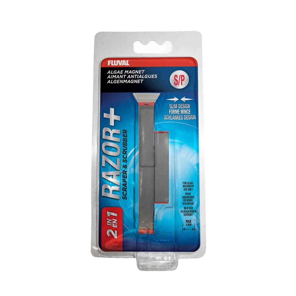 Fluval Razor+ 2-in-1 Algae Magnet and Razor - Small — SKU: FAM01 — Main Image — Product Specifications & Highlights Key Features 2-in-1 Cleaning Function: Go from scraper to scrubber in one simple snap with the Razor+ 2-in-1 Algae Magnet. Combines a soft scrubbing pad with a removable scraper blade. 2-in-1 design allows the user to change from scraping to scrubbing mode in one simple flip. Anti-friction pads smoothly glide the scraper over the glass. Floating Magnet Design: Maintains a firm connection across standard small aquarium glass thicknesses. Long and thin design easily slips between and behind coral and rocks. Rounded scrubber surface suitable for flat or curved aquariums. Glass-Safe Materials: Designed specifically for glass aquariums to prevent surface scratching. The non-abrasive scrubber is effective on algae, yet gentle on aquarium glass. It has a 316 stainless steel replaceable blade that scrapes without scratching for hard-to-remove algae (replacement blade item# 11085). Compact Ergonomic Profile: Textured grip ensures easy maneuverability during cleaning. Long scrubber / Short handle ideal for corralling bubble accumulation at the top of the Fluval Edge aquarium. Product Details Brand: Fluval SKU: FAM01 Barcode (GTIN/UPC): 0015561110839 Product Type: Maintenance / Algae Cleaners & Scrapers Package Dimensions: 95 mm (L) × 192 mm (W) × 30 mm (H) Gross Package Weight: 75 g Target Environment: Freshwater & Marine Glass Aquariums (up to 6 mm glass thickness)