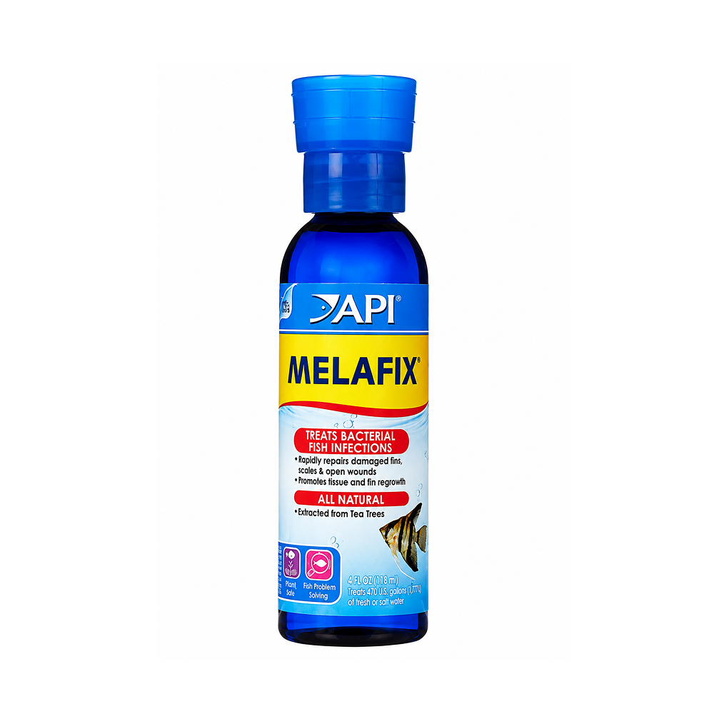 API Melafix 118ml - Natural antibacterial treatment for open wounds and bacterial infections in fish & other aquarium animals — SKU: APH05 — Main Image — Product Specifications & Highlights Key Features 100% Natural Extract: Formulated with natural Melaleuca tea tree extract. Biologically Safe: Will not harm beneficial nitrifying filter bacteria. Multi-Environment Compatible: Safe for freshwater, marine, planted, and reef aquariums. Tissue Regeneration: Promotes rapid regrowth of damaged fins and tissue. Product Details Brand: API SKU: APH05 Barcode (GTIN/UPC): 0317163907115 Product Type: Aquarium Medication Volume: 118 ml (treats up to 890 litres total treatment volume) Package Dimensions: 40 mm (L) × 140 mm (W) × 40 mm (H) Gross Package Weight: 150 g Target Environment: Freshwater & Marine Aquariums (treats up to 890 litres total treatment volume)