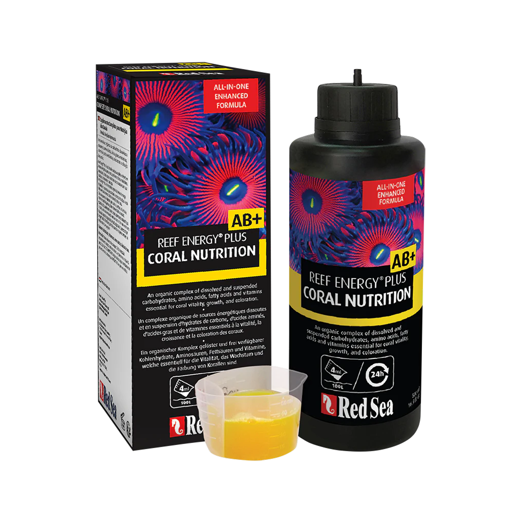 Red Sea Reef Energy Plus 250ml — Liquid supplement nutrition for coral growth & repair — SKU: RED766 — Main Image — Product Specifications & Highlights Key Features All-in-One Nutrition For Maximal Growth: Combines AB+ nutritional components into a single convenient bottle. Laboratory tests show that Reef Energy Plus promotes up to 15% faster coral growth compared to traditional two-part formulas, ensuring healthier and more robust corals. No Refrigeration Needed: Remains stable at room temperature for up to 1 week in dosing reservoirs. Convenient automatic dosing makes this all-in-one formula which can be fed using automatic dosers without refrigeration or stirring for up to one week, making coral feeding easier than ever. Zero Skimmer Over-Foaming: Engineered to prevent skimmer overflow after dosing. The new formulation reduces the risk of excessive skimming after feeding, keeping your reef aquarium balanced. Direct Bio-Availability & High Energetic Efficiency: Readily absorbed by coral polyps for minimal nutrient waste. Contains a complex of carbohydrates, amino acids, fatty acids, and vitamins in dissolved and suspended forms, allowing corals to absorb and utilise nutrients directly for immediate energy and growth. No Residual Waste: All components are fully consumed by corals for metabolic processes, including protein production and soft tissue regeneration, leaving no excess organic material to pollute the aquarium. Product Details Brand: Red Sea SKU: RED766 Barcode (GTIN/UPC): 7290100770290 Product Type: Additives & Supplements / Coral Nutrition Package Dimensions: 65 mm (L) × 60 mm (W) × 170 mm (H) Volume: 250ml (Net) Gross Package Weight: 350 g Target Environment: Reef Aquariums with Live Corals