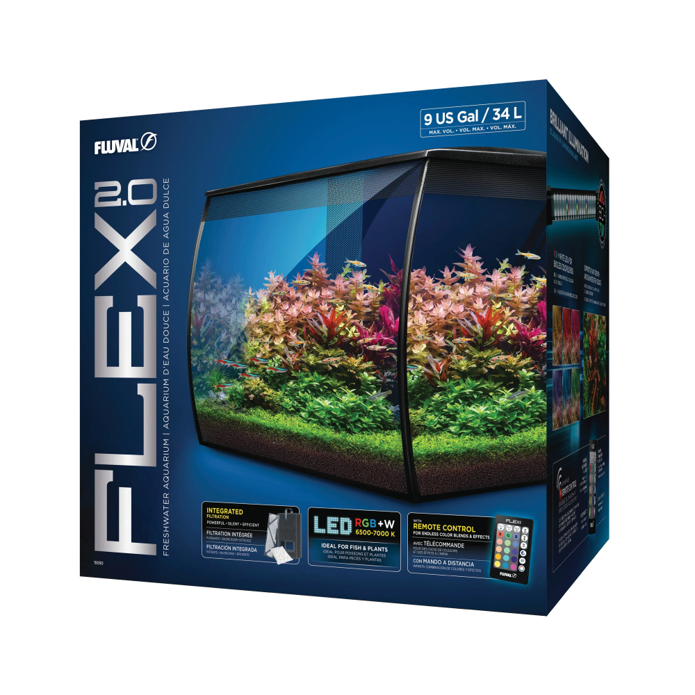 Fluval Flex Aquarium 2.0 34 Litre - Black - SKU: FLX39 - - Main Image - Product Specifications & Highlights Key Features Upgraded 2.0 Canopy System: Features a rear-hinged lid with support props, cable management slots, and an integrated feeding port. Shrimp & Fry Safe Intakes: Finer intake slots prevent small aquatic life from being drawn into the filtration area. Remote-Controlled RGB+White LED: Offers custom colour options and atmospheric effects (such as clouds and lightning storms). Hidden 3-Stage Filtration: Fully concealed rear filter compartment includes foam, carbon, and BIOMAX media. Product Details Brand: Fluval SKU: FLX39 Product Type: Freshwater Aquarium / Nano All-In-One Kits Tank Volume: 34 Litres (9 US Gallons) Tank Dimensions: 340 mm (L) × 330 mm (W) × 330 mm (H) Colour Finish: Black Package Dimensions: 451 mm (L) × 396 mm (W) × 440 mm (H) Gross Package Weight: 8,580 g (8.58 kg) Target Environment: Freshwater, Planted & Shrimp Aquariums