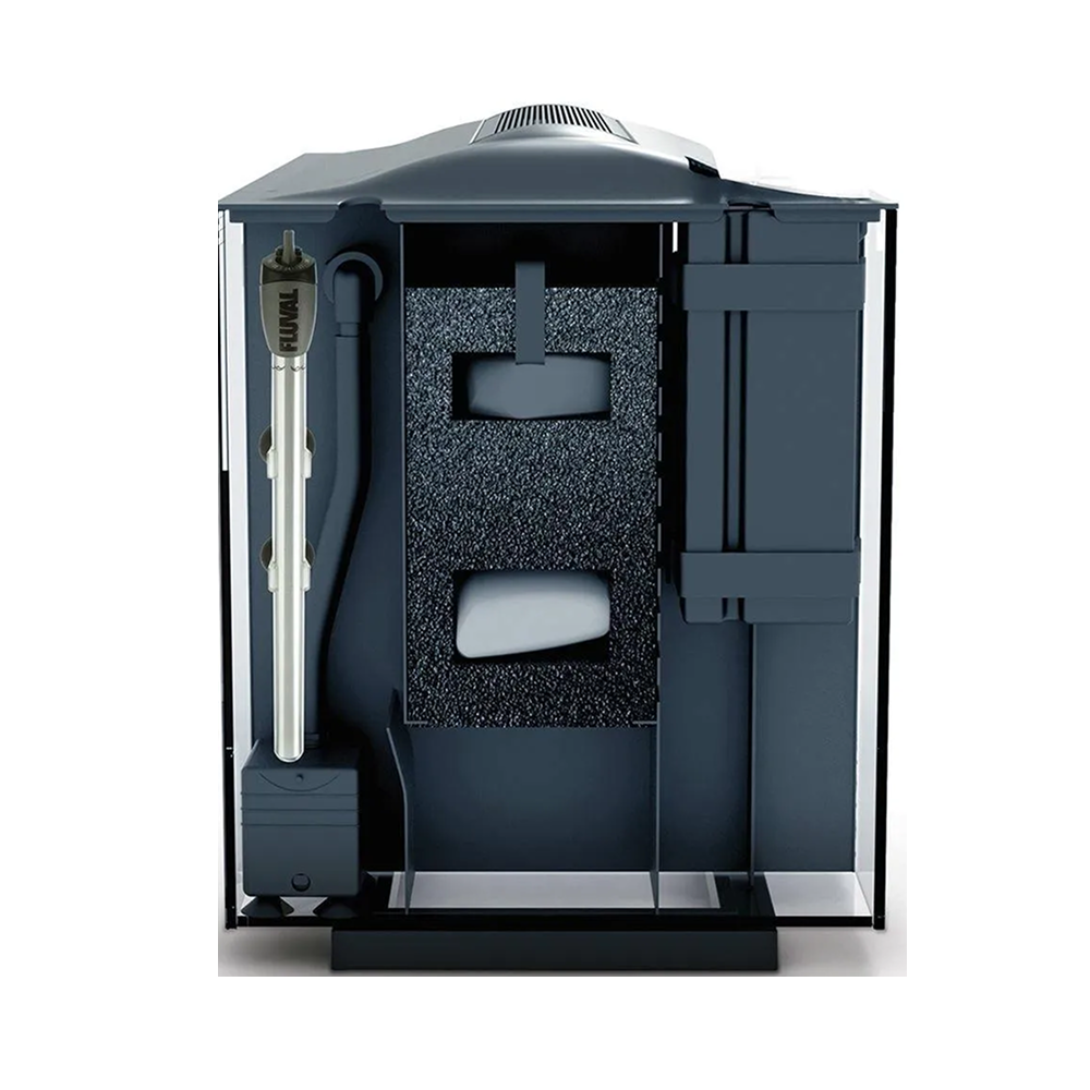 Fluval Spec XV Aquarium Black 60L - (60-litre/16 US gallon Fish Tank with Sleek, etched-glass aluminium trim body) - SKU: SPEC11 - Image 3 - Product Specifications & Highlights Key Features Architectural Etched Glass & Aluminum Trim: Contemporary slim-profile design hides filtration components while maximising viewing area. High-Output 7000K Planted LED: Full-spectrum daylight LED fixture with a sleek aluminium casing to promote plant photosynthesis. Hidden 3-Stage Filter Compartment: Concealed rear filtration tower houses mechanical foam, active carbon, and BIOMAX biological rings. Low-Voltage Power Supply: Energy-efficient lighting and pump system designed for safe, whisper-quiet operation. Product Details Brand: Fluval SKU: SPEC11 Barcode (GTIN/UPC): 0015561105255 Product Type: Freshwater Aquarium / All-In-One Kits Tank Volume: 60 Litres (16 US Gallons) Tank Dimensions: 550 mm (L) × 200 mm (W) × 450 mm (H) Colour Finish: Black Package Dimensions: 682 mm (L) × 407 mm (W) × 506 mm (H) Gross Package Weight: 15,180 g (15.18 kg) Target Environment: Freshwater & Planted Aquariums