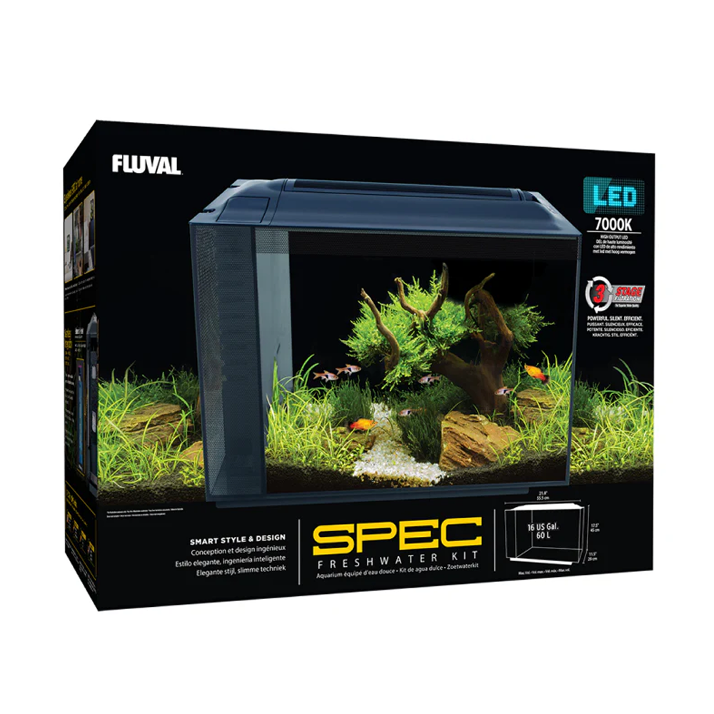 Fluval Spec XV Aquarium Black 60L - (60-litre/16 US gallon Fish Tank with Sleek, etched-glass aluminium trim body) - SKU: SPEC11 - Main Image - Product Specifications & Highlights Key Features Architectural Etched Glass & Aluminum Trim: Contemporary slim-profile design hides filtration components while maximising viewing area. High-Output 7000K Planted LED: Full-spectrum daylight LED fixture with a sleek aluminium casing to promote plant photosynthesis. Hidden 3-Stage Filter Compartment: Concealed rear filtration tower houses mechanical foam, active carbon, and BIOMAX biological rings. Low-Voltage Power Supply: Energy-efficient lighting and pump system designed for safe, whisper-quiet operation. Product Details Brand: Fluval SKU: SPEC11 Barcode (GTIN/UPC): 0015561105255 Product Type: Freshwater Aquarium / All-In-One Kits Tank Volume: 60 Litres (16 US Gallons) Tank Dimensions: 550 mm (L) × 200 mm (W) × 450 mm (H) Colour Finish: Black Package Dimensions: 682 mm (L) × 407 mm (W) × 506 mm (H) Gross Package Weight: 15,180 g (15.18 kg) Target Environment: Freshwater & Planted Aquariums