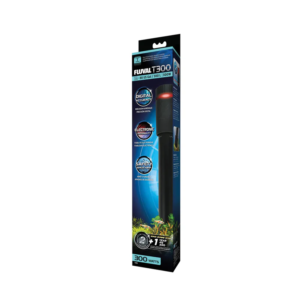 Fluval T300 Electronic Heater 300W - For thermal stability in aquariums & tanks up to 300 litres (80 US gallons) - SKU: FLV24 - Main Image - Product Specifications & Highlights Key Features 24/7 Electronic Microprocessor Control: Delivers precise digital accuracy to eliminate sudden temperature swings. 360° Color-Changing Light Ring: High-visibility LED ring glows Red (heating) or Blue (standby mode) for at-a-glance monitoring. Integrated Safety Features: Includes built-in fish protection guard and automatic shut-off safety switch if removed from water. Fully Submersible Design: Can be positioned vertically or horizontally near filter outlets for even heat distribution. Product Details Brand: Fluval SKU: FLV24 Barcode (GTIN/UPC): 0015561148849 Product Type: Heating & Cooling / Submersible Heaters Wattage: 300 W Recommended Tank Size: Up to 300 Litres (80 US Gallons) Package Dimensions: 616 mm (L) × 77 mm (W) × 66 mm (H) Gross Package Weight: 902 g Target Environment: Freshwater & Marine Aquariums