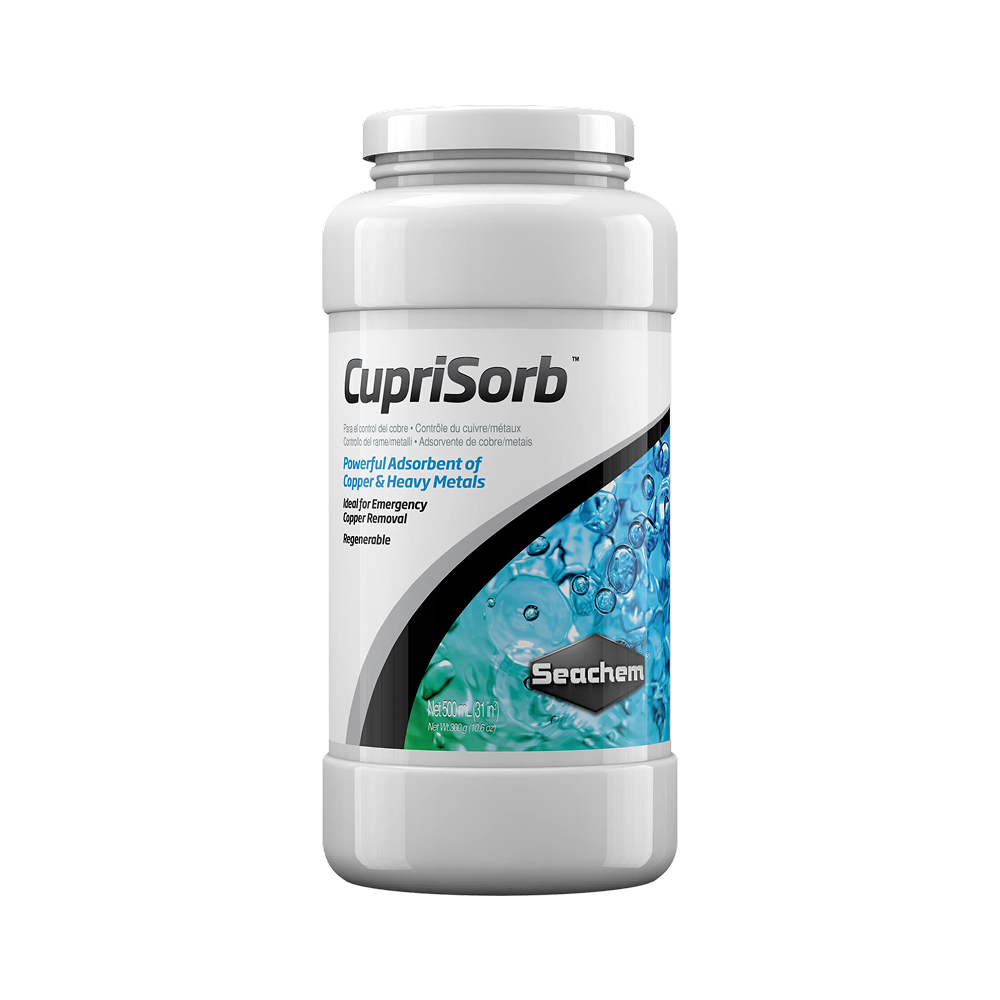 Seachem CupriSorb 500mL — High-Capacity Heavy Metal & Copper Absorbing Resin for Medium Aquariums — SKU: 724982-203 — Main Image — Product Specifications & Highlights Key Features Extended Treatment Volume: 500 mL container treats medium to large systems effectively over extended durations. It effectively removes both ionic and chelated copper along with other toxic metals. Protects Invertebrates: Removes trace heavy metals that harm coral polyps, crustaceans, and nitrifying bacteria, while protecting delicate water species, including sensitive invertebrates. Visual Saturation Tracking: Turns dark black upon full saturation with copper and heavy metals. Acid-Regenerable: Economical resin design allows for repeated reuse after acid washing, allowing the resin to be reused for multiple cycles. Product Details Brand: Seachem SKU: 724982-203 (Internal ID: 130728) Barcode (GTIN/UPC): 000116020305 Product Type: Aquarium Filter Media > Heavy Metal Removal Resin Package Dimensions: 85 mm (L) × 85 mm (W) × 145 mm (H) Gross Package Weight: 390 g Net Volume: 500 mL Target Environment: Freshwater & Marine Aquariums Treatment Capacity: 500 mL treats up to 1,200 Litres (300 US gallons)