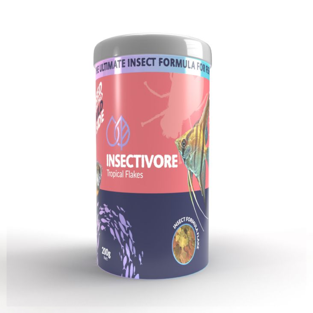 Insectivore Tropical Flake Food 200g — Diet for large aquariums, fish rooms, and community tank fishes — SKU: INS07 — Main Image — Product Specifications & Highlights Key Features Maximum Value Size: 200g tub designed for large volume feeding needs. Insect Larvae Base: Rich in natural lipids and amino acids vital for tropical species. Superior Bioavailability: Minimises fish excretion, protecting water quality. Vivid Colour Expression: Enhances natural hues in tetras, rainbowfish, and livebearers. Product Details Brand: Insectivore SKU: INS07 Barcode (GTIN/EAN): 9327975045104 Product Type: Aquarium Fish Food / Tropical Flakes Package Dimensions: 100 mm (L) × 100 mm (W) × 164 mm (H) Gross Package Weight: 285 g Net Weight: 200 g Target Environment: Freshwater Tropical Aquariums RRP: $33.99
