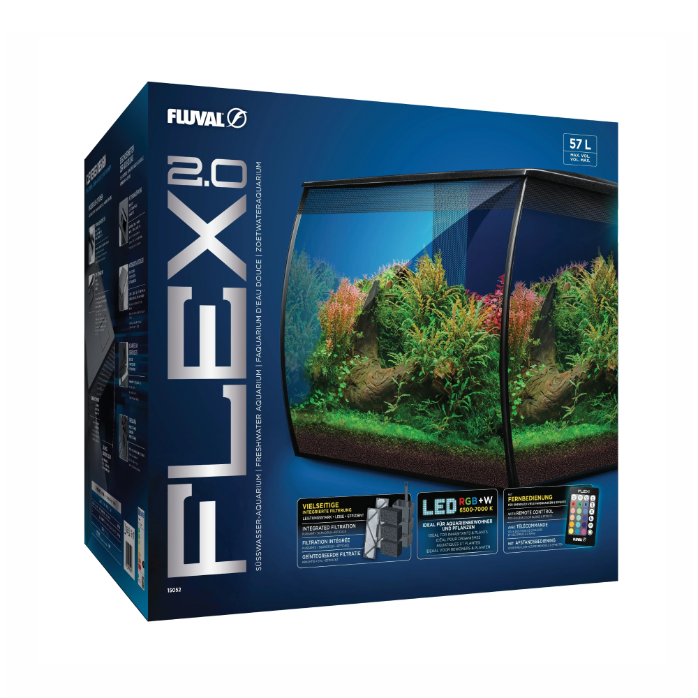 Fluval Flex Aquarium 2.0 57L - Black - SKU: FLX40 | - Main Image Product Specifications & Highlights Key Features Updated 2.0 Canopy Design: Includes a hinged lid with support props, integrated feeding access flap, and cable management channels. Customizable RGB+White Lighting: 7500K light spectrum supports plant growth, paired with an IR remote for custom colour blends and dynamic weather effects. Hidden Rear 3-Stage Filter: Fully concealed rear filter compartment equipped with mechanical foam block, active carbon, and Biomax biological media. Curved Front Panel: Curved glass design enhances depth perception and visual impact. Product Details Brand: Fluval SKU: FLX40 Supplier Code: PETPACIFIC / FLX40 RetailExpress ID: 140361 Product Type: Freshwater Aquarium / All-In-One Kits Tank Volume: 57 Litres (15 US Gallons) Tank Dimensions: 410 mm (L) × 390 mm (W) × 390 mm (H) Colour Finish: Black Package Dimensions: 517 mm (L) × 451 mm (W) × 517 mm (H) Gross Package Weight: 13,750 g (13.75 kg) Target Environment: Freshwater & Planted Aquariums