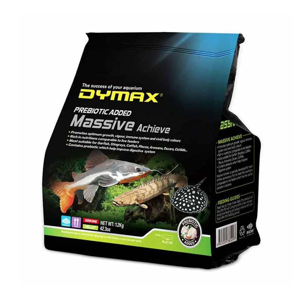 MASSIVE ACHIEVE 1.2KG SINKING WAFER - SKU: DM529 - Main Image Dymax Massive Achieve Sinking Wafers 1.2kg - SKU: DM529 - Main Image | Product Specifications & Highlights Key Features Fast-Sinking Wafers: Quickly drop to the substrate to target bottom dwellers directly and prevent food theft by surface fish. High-Protein Formula: Rich in quality aquatic proteins to support healthy muscle development and rapid growth in large fish. Non-Clouding Design: Binds nutrients tightly so the wafer softens for easy consumption without dissolving into the water column. Bulk 1.2kg Value Pack: Economical bulk tub size designed for large tanks, high-density setups, and monster fish keepers. Product Details Brand: Dymax SKU: DM529 Barcode (GTIN/UPC): 8885009365297 Product Type: Food / Sinking Wafers & Monster Fish Food Net Food Weight: 1.2 kg (1200 g) Package Dimensions: 200 mm (L) × 150 mm (W) × 100 mm (H) Gross Package Weight: 1,250 g (1.25 kg) Target Environment: Tropical Freshwater Aquariums, Cichlid & Monster Fish Tanks