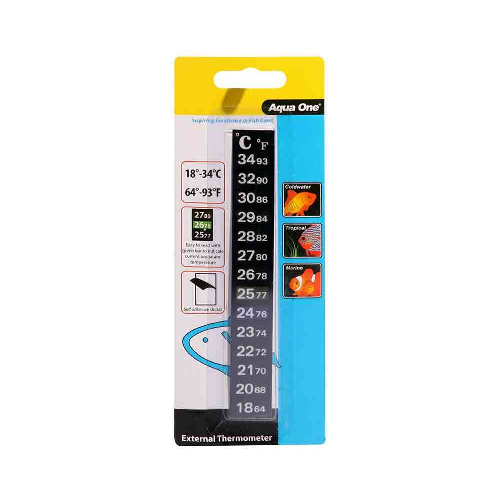 Aqua One External Stick-On Digital Thermometer - SKU: 10307 Product Specifications & Highlights Key Features External Stick-On Design: Mounts cleanly to the outside of the glass panel without submerging equipment inside the tank. Clear Color-Coded Display: Distinct green bar highlighting makes reading temperature settings fast and simple. 18°C – 34°C Range: Covers standard tropical and cold-water thermal parameters. Universal Compatibility: Safe for freshwater, marine, and planted aquarium environments. Product Details Brand: Aqua One SKU: 10307 Barcode (GTIN/UPC): 9325136032123 Product Type: Heating & Cooling / Thermometers Measurement Range: 18°C – 34°C Package Dimensions: 120 mm (L) × 25 mm (W) × 2 mm (H) Gross Package Weight: 10 g Target Environment: Coldwater, Tropical Freshwater & Marine Aquariums